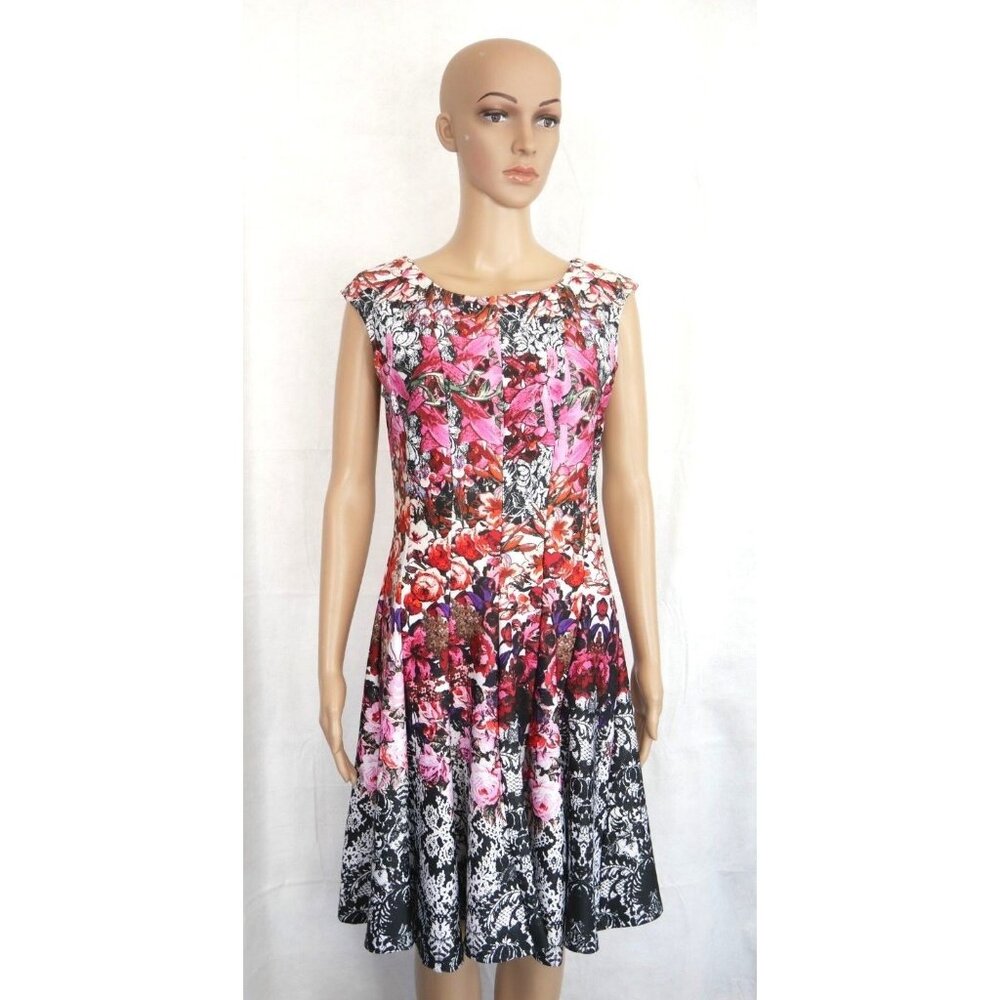 Pink Black Floral Fit Flair Dress Sleeveless Keyhole Back Melonie T Women Size 8